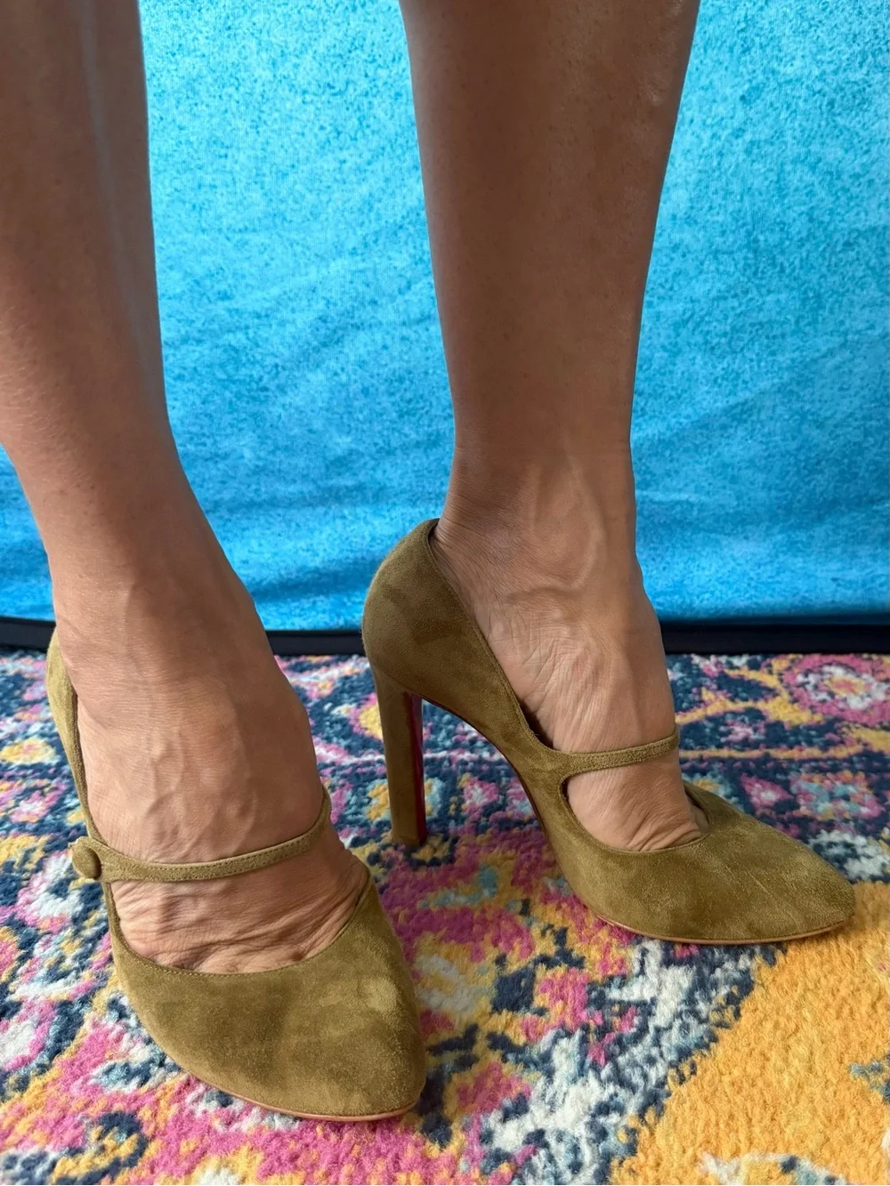 Christian Louboutin Olive Green Suede Mary Jane Pumps